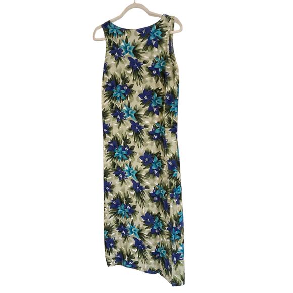 Vintage 80s Blue Green Hawaiian Floral Rayon Sheath Sundress Size Medium - Picture 4 of 15